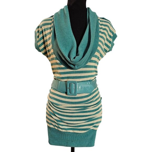 Turquoise & White Striped Cowl Neck Lightweight Over Hip Sweater W/ Belt Size S - Picture 1 of 9